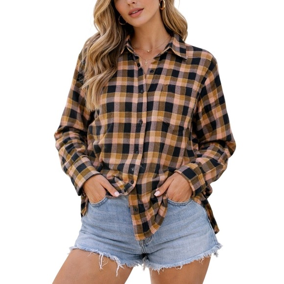 Madewell Tops - Madewell Preppy Plaid Flannel Button Down Shirt Brown Tan‎ Black Cotton Size XS